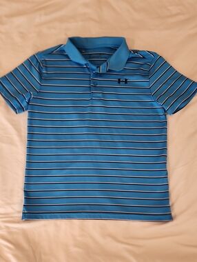 Under Armour Blue Striped Polo Shirt - Size Youth Large